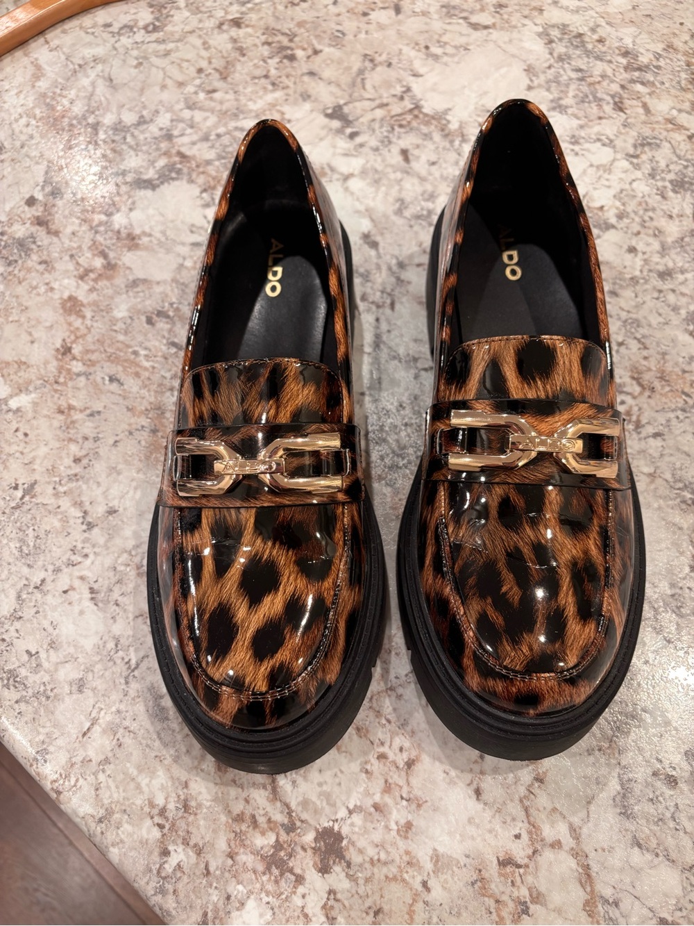 Leopard-Print Patent Loafers with Gold Chain Accent